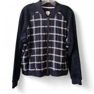Navy and White Plaid Zip-Up Jacket